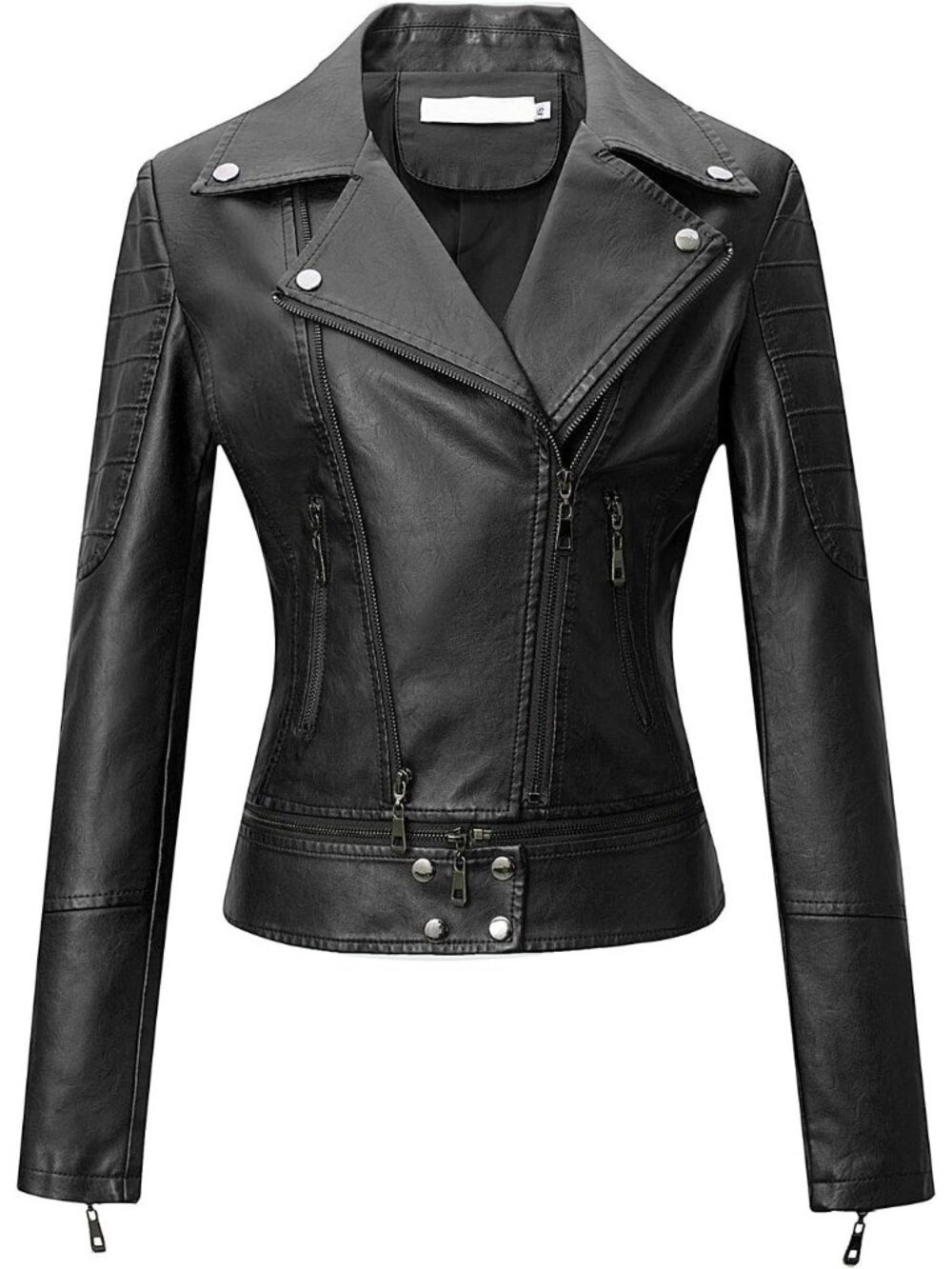 Women's Black Faux Leather Moto Biker Jacket Slim Fit Zip Up Casual Short Coat